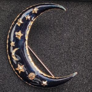 Vintage Gold Tone With Cobalt Blue And Gold Enamel Moon Brooch